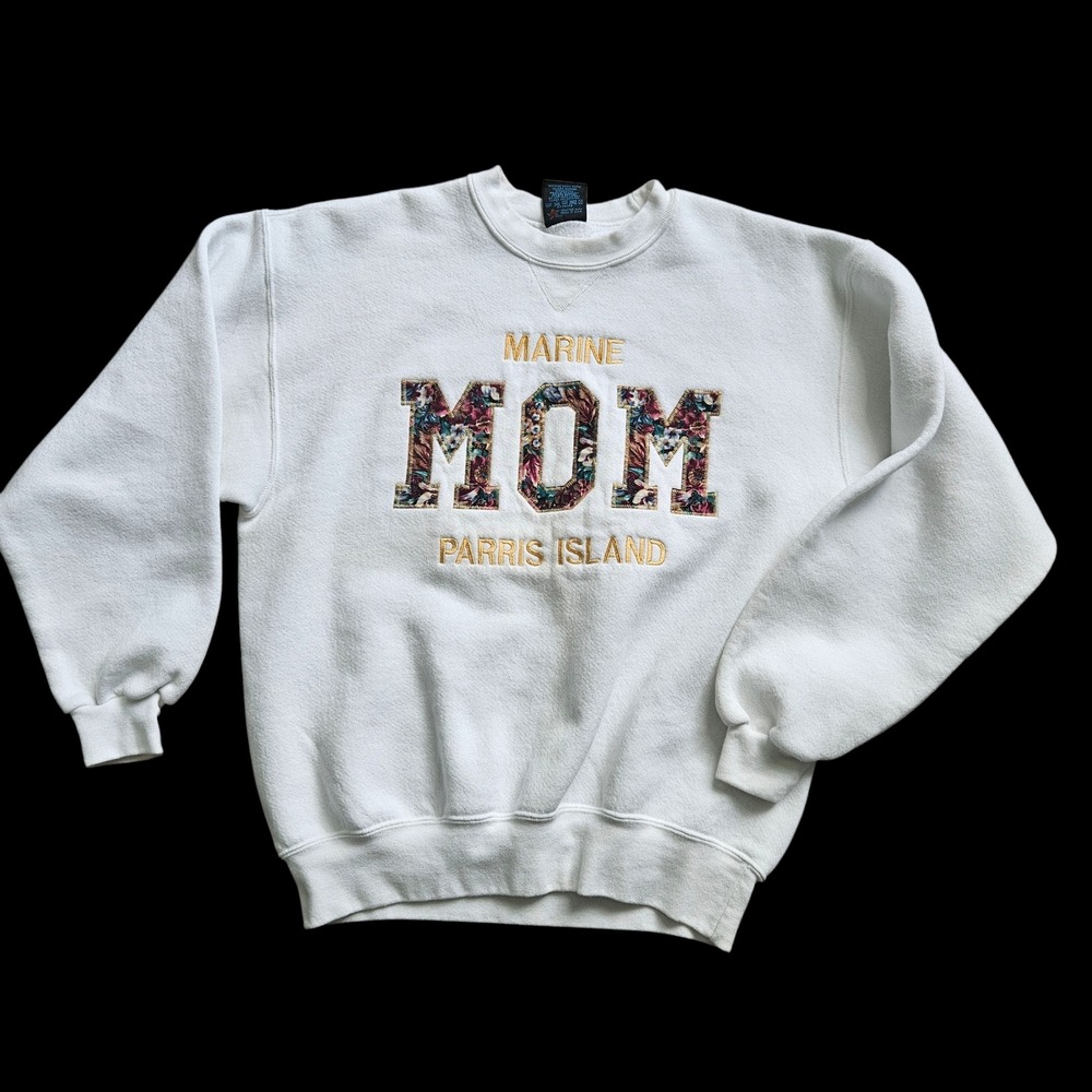 Soffe Sweatshirt Marine Mom Women L White Floral Parris Island Vintage 90s USA